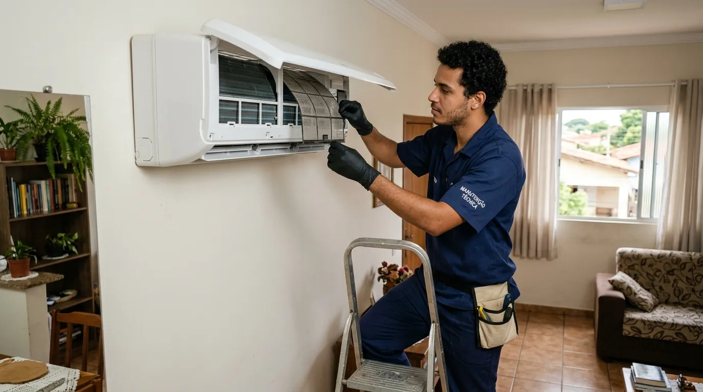 Técnico realizando limpeza de filtros de ar condicionado em Fortaleza em Fortaleza-CE
